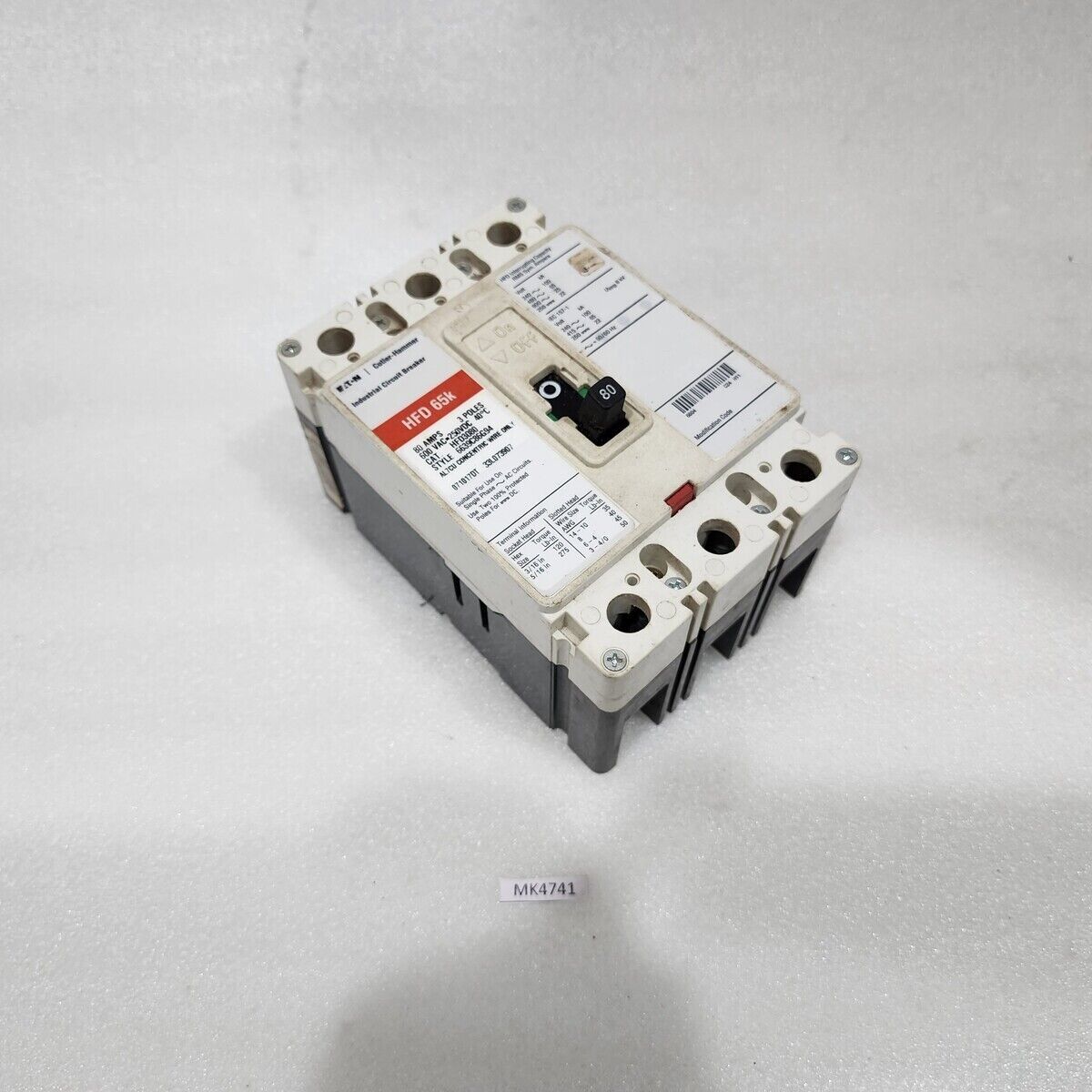 EATON CUTLER HAMMER HFD3080 80A INDUSTRIAL CIRCUIT BREAKER 600VAC/250VDC HFD 65K