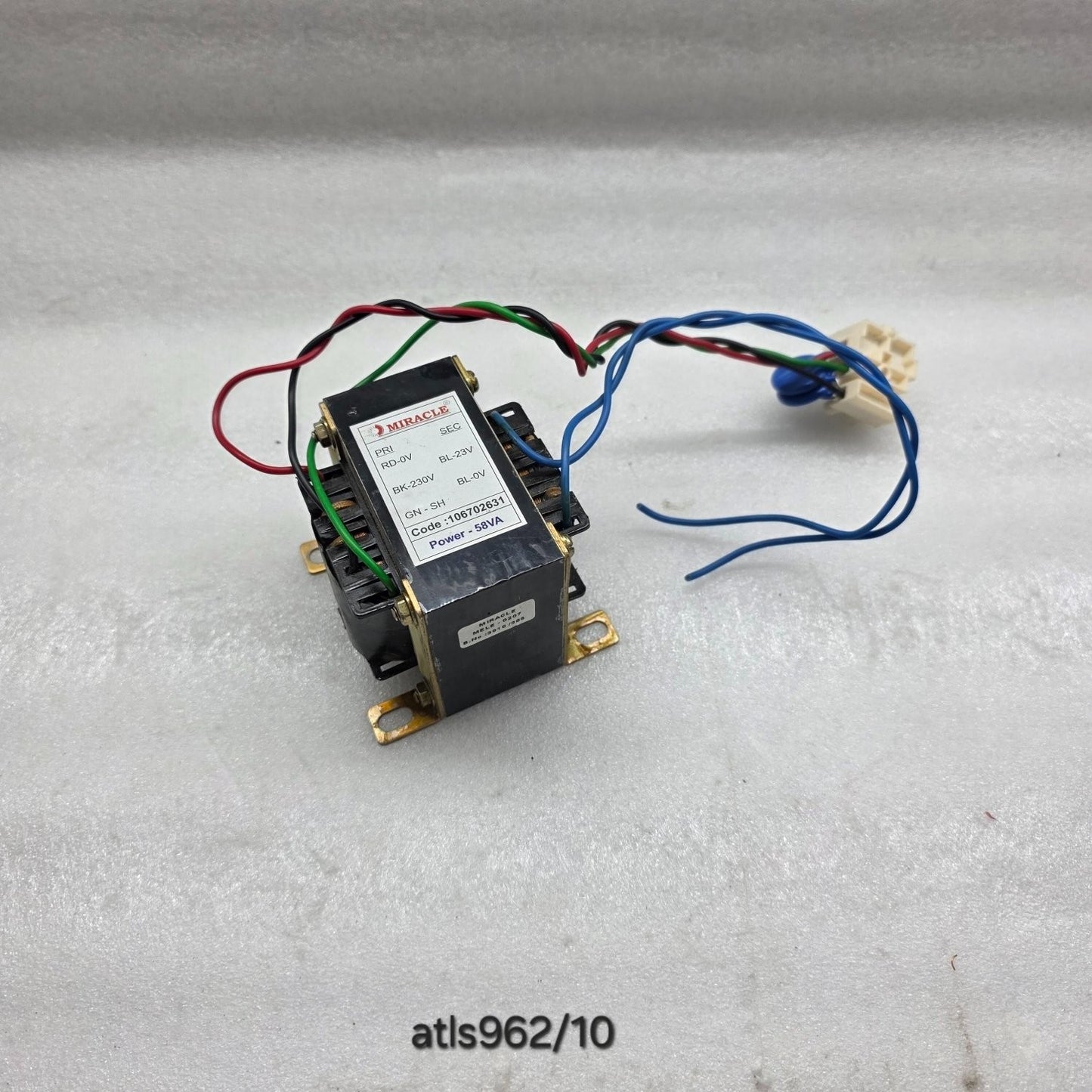 MIRACLE 106702631 58VA POWER TRANSFORMER PRI: RD-0V, BK-230V, GN-SH SEC: BL-23V,