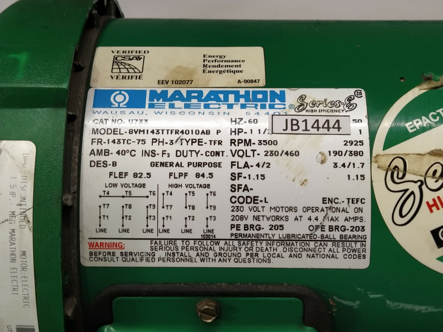 MARATHON ELECTRIC 8VM143TTFR4010AB-P ELECTRIC MOTOR U733 1.5-HP 3500 RPM 230/460