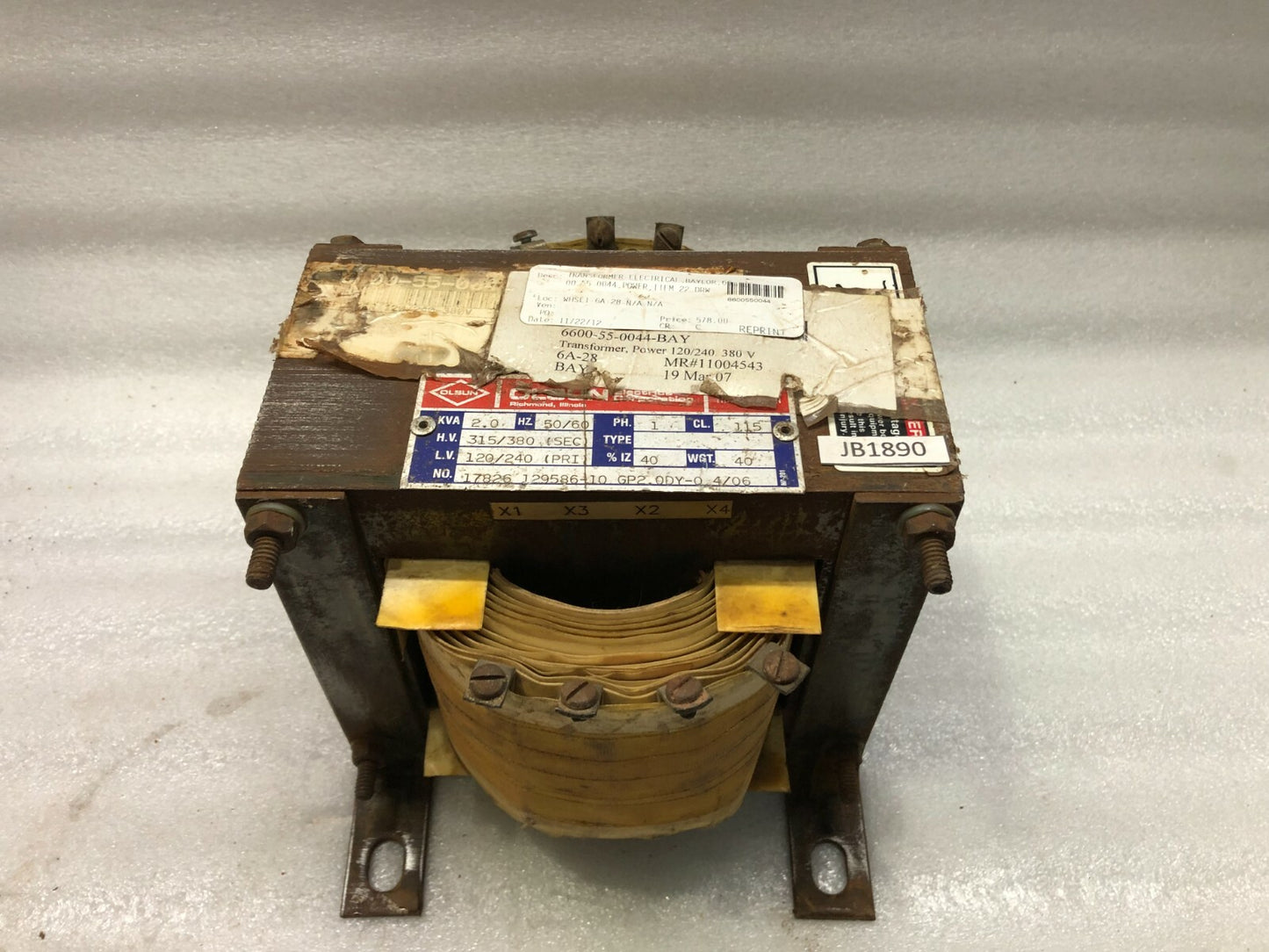 OLSUN TRANSFORMER 17826 129586-10 GP2.0DY-0 4/06 TRANSFORMER 2 KVA 6600550044 12