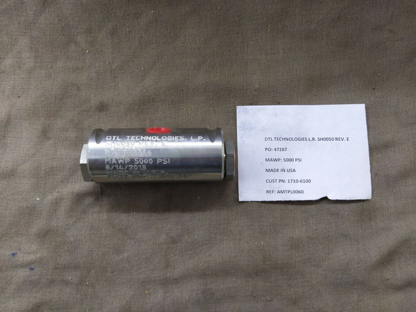 DTL Technologies L.R. SH0050 Rev E Pressure Control/Relief Valve 5000 PSI