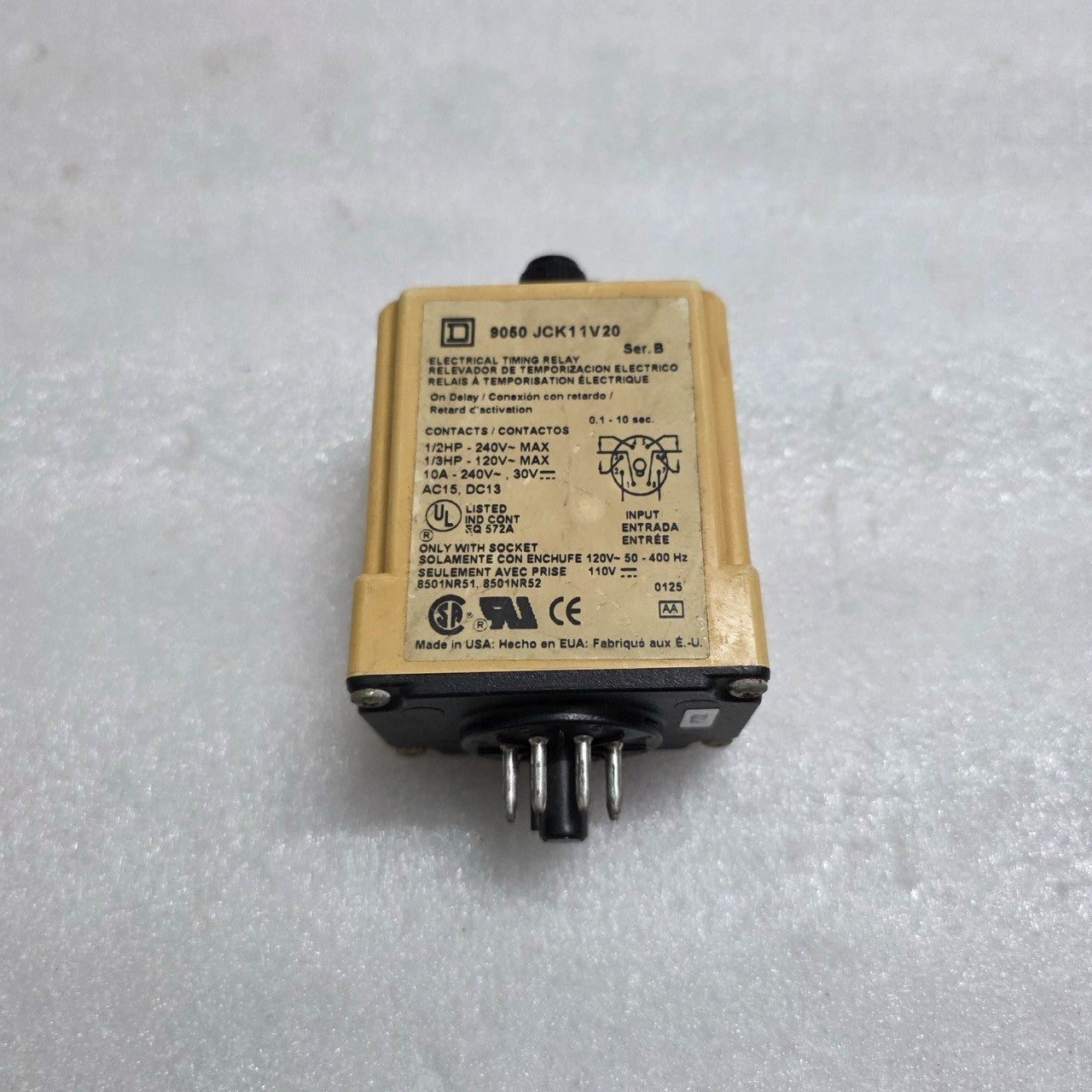 SQUARE D 9050 JCK11V20 ELECTRICAL TIMING RELAY 120 VAC 0.1-10 SEC