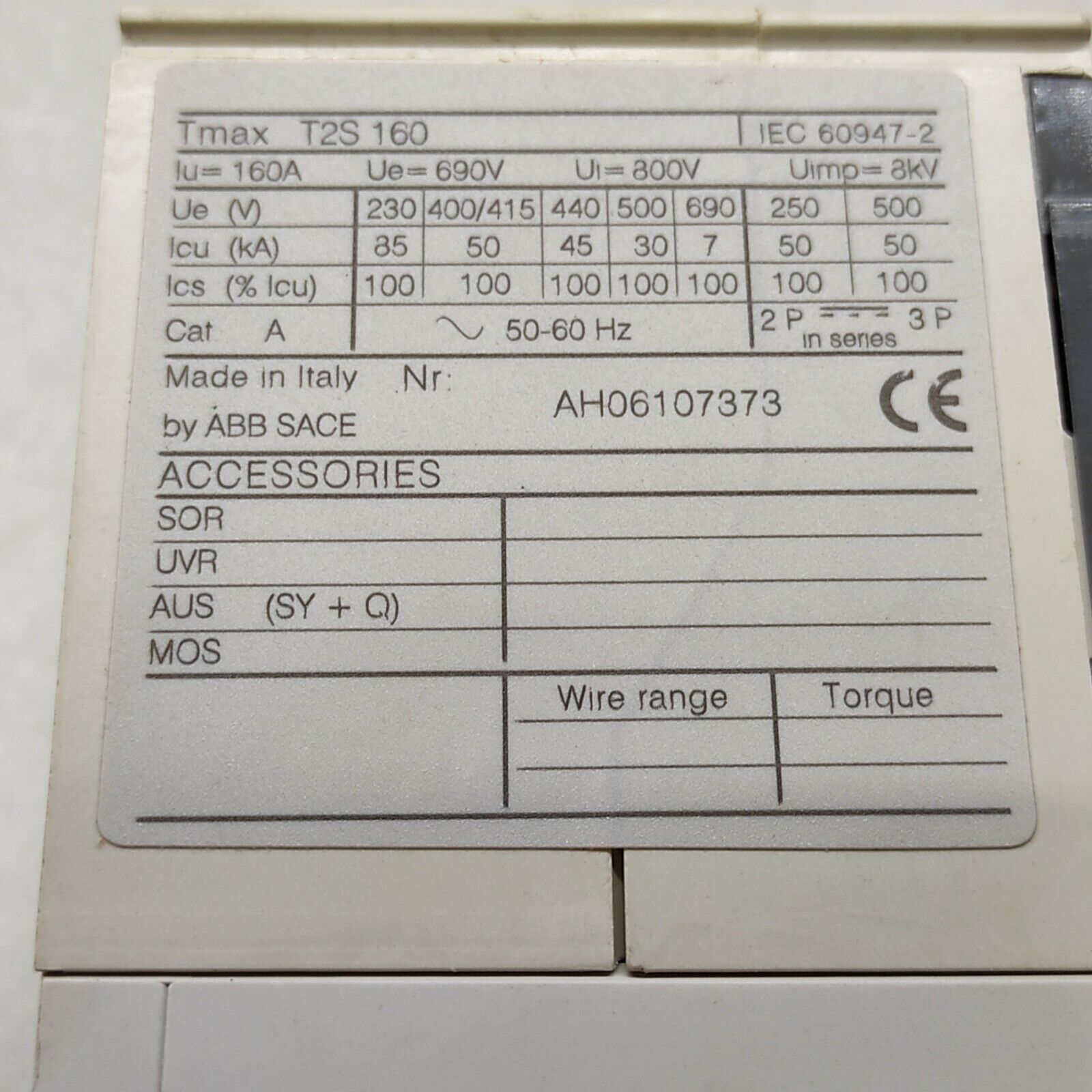 ABB 1SDA050985R1 SACE TMAX T2S 160 2A MCCB TMD2-20 3O F F CRACKED	