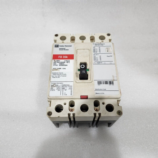 EATON CUTLER HAMMER FD3015 15A INDUSTRIAL CIRCUIT BREAKER 600VAC/250VDC HD 35K