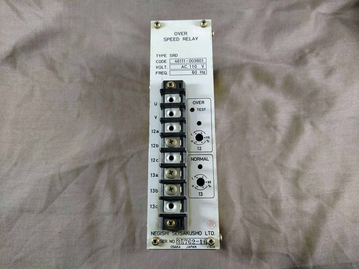 NEGISHI SEISAKUSHO SRD OVER SPEED RELAY 46111-003601 110 VAC