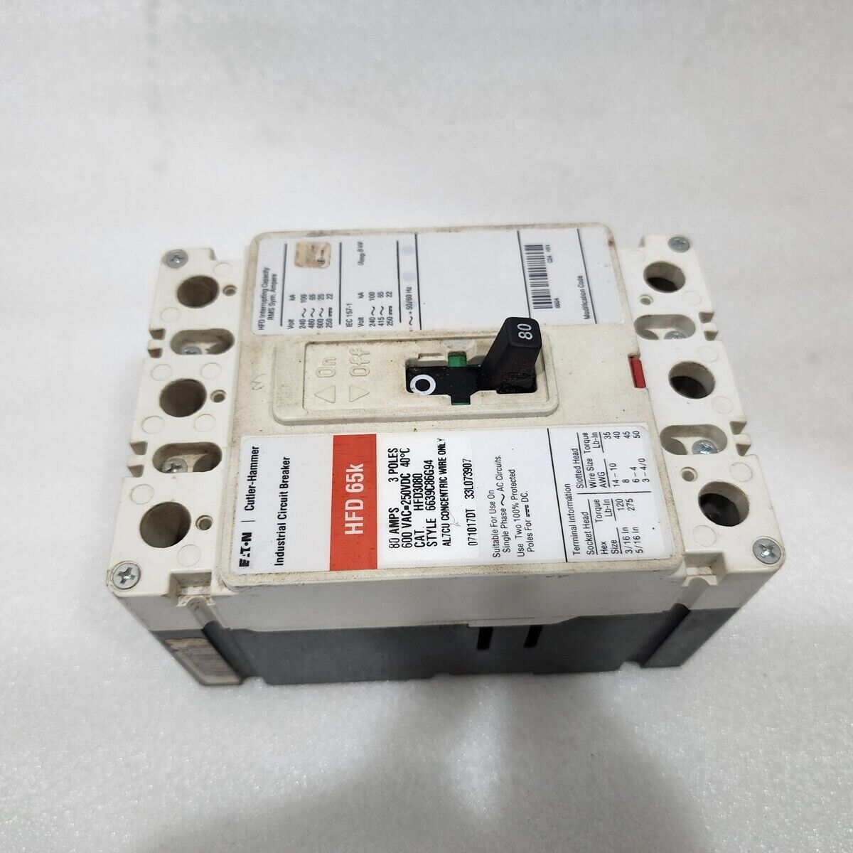 EATON CUTLER HAMMER HFD3080 80A INDUSTRIAL CIRCUIT BREAKER 600VAC/250VDC HFD 65K