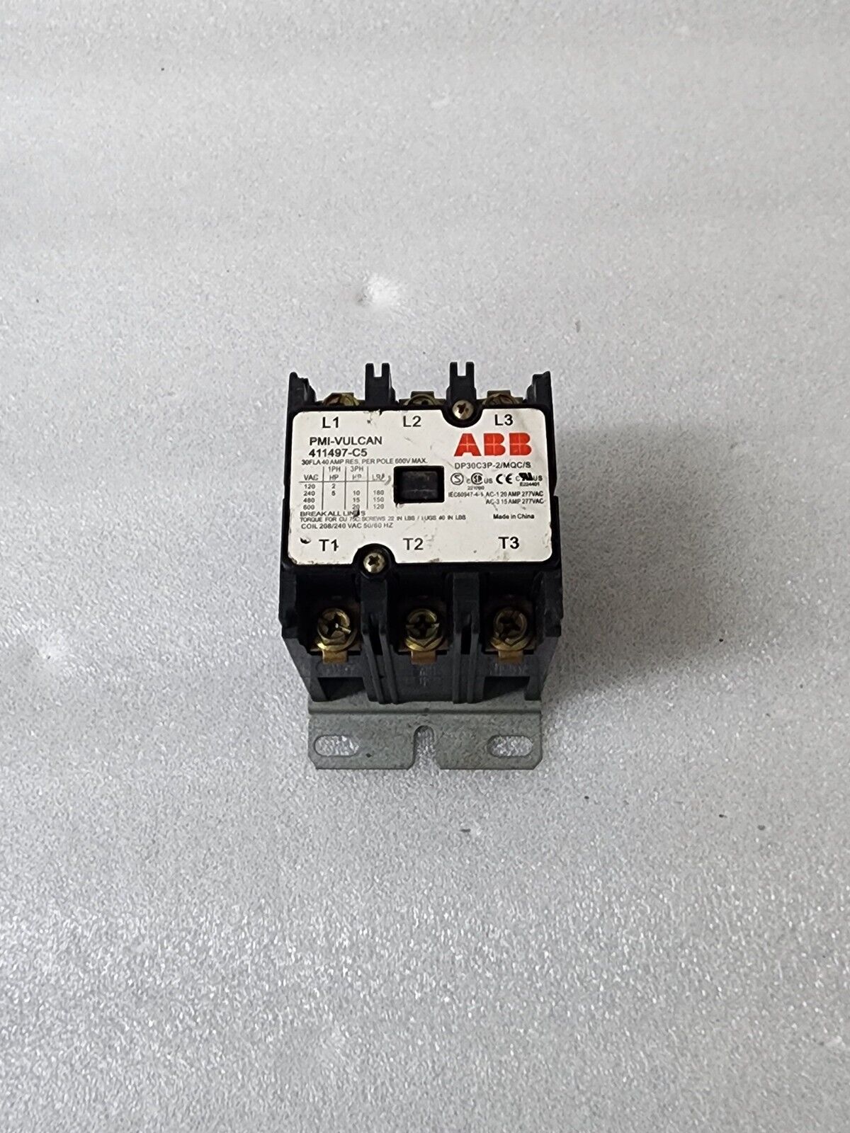 ABB PMI-VULCAN 3P CONTACTOR 40A 411497-C5 COIL VOLTAGE 208-240VAC