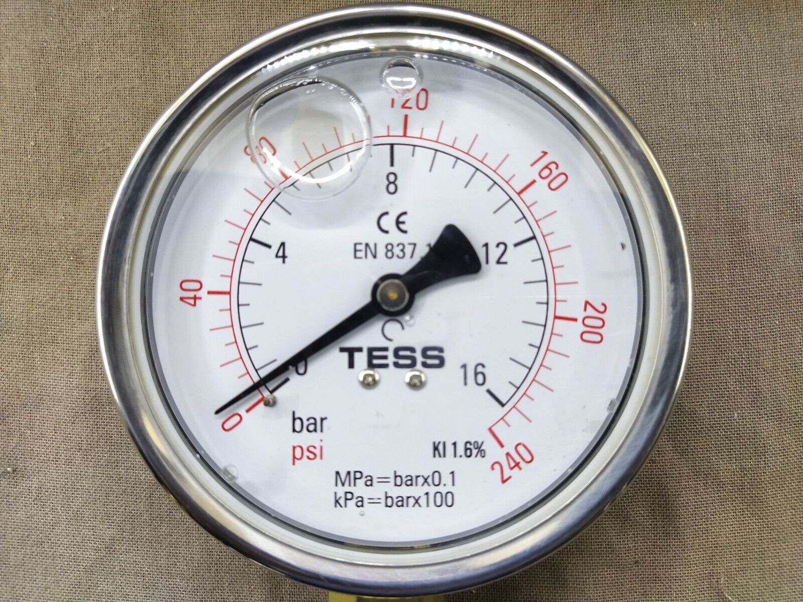 Tess 100D Pressure Gauge 651550-1XLD2 CE EN 837.1 16 BAR 240 PSI 1/2" BSP BM