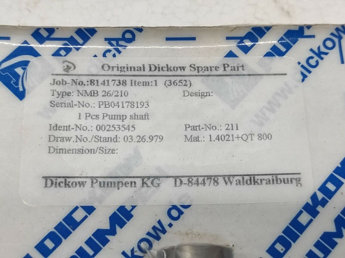 Dickow Pumpen NMB 26/210 Pump Shaft 00253545 211