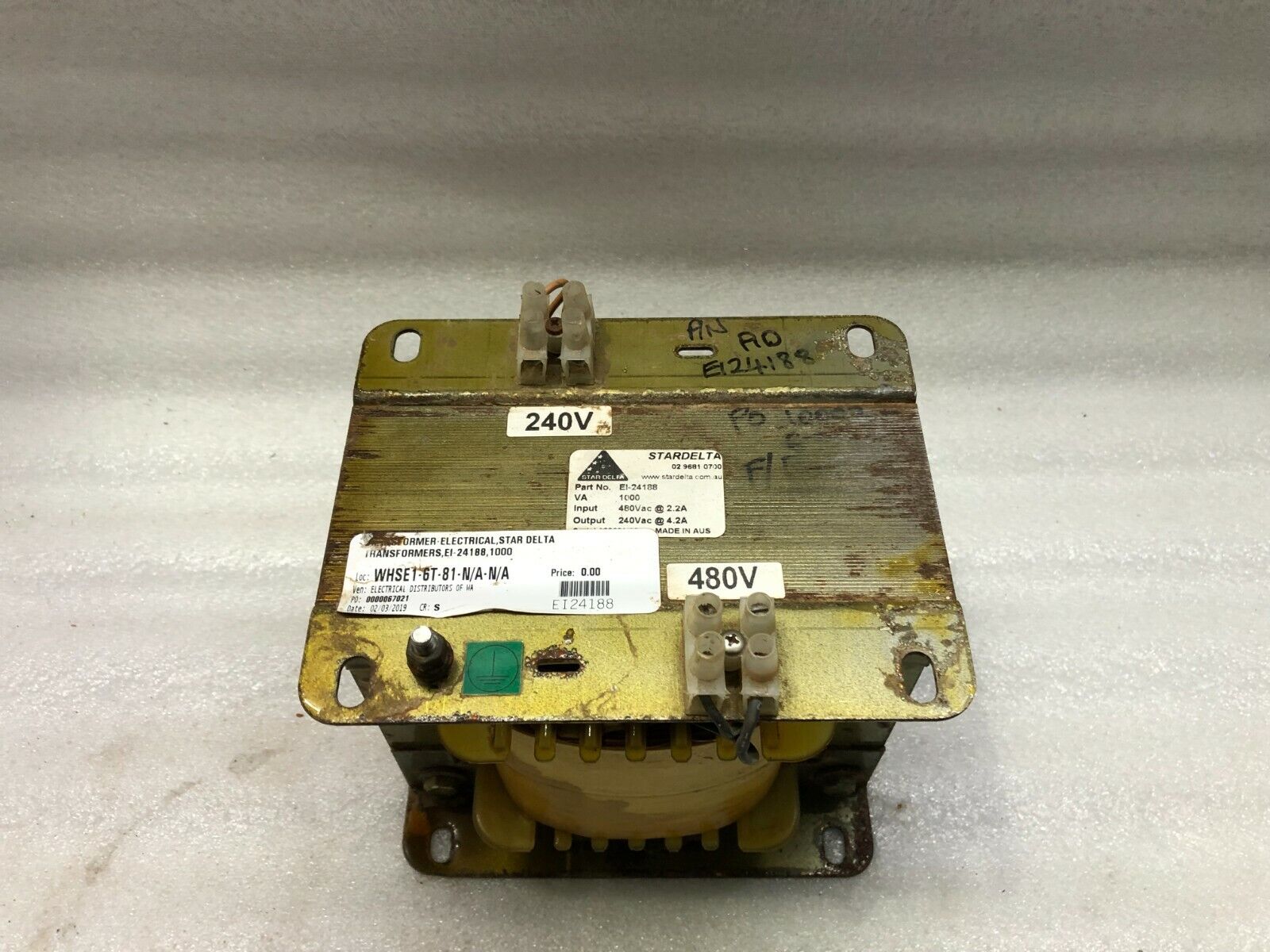 STAR DELTA EI-24188 1000VA TRANSFORMER 480V TO 240V