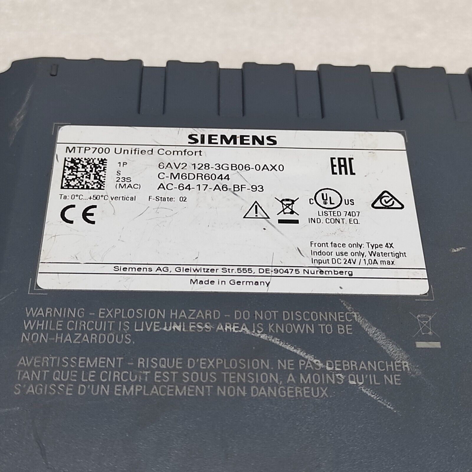 SIEMENS MTP700 UNIFIED CONFORT 6AV2 128-3GB06-0AX0 HMI  