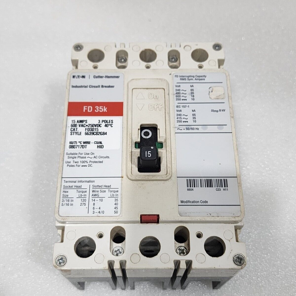EATON CUTLER HAMMER FD3015 3-POLE CIRCUIT BREAKER 15A