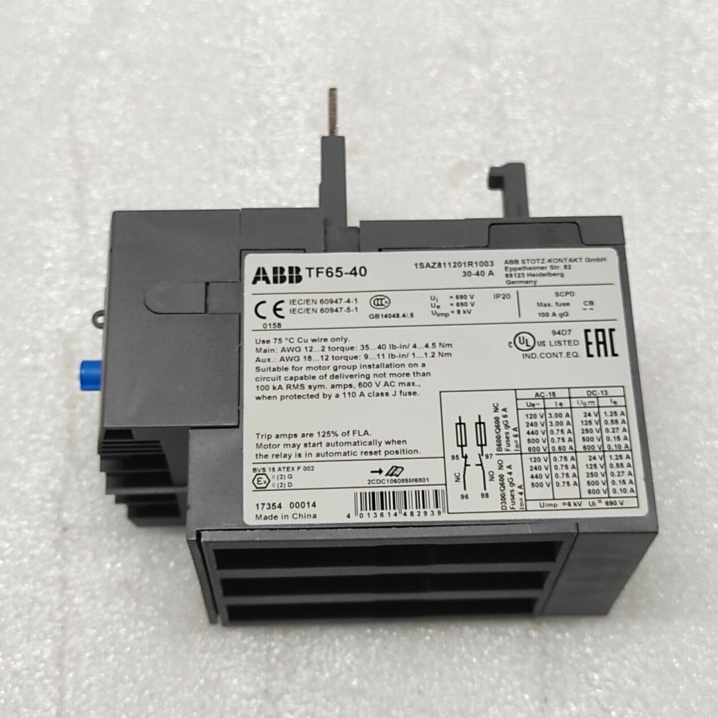 ABB TF65-40 THERMAL OVERLOAD RELAY 1SAZ811201R1003 30-40 A