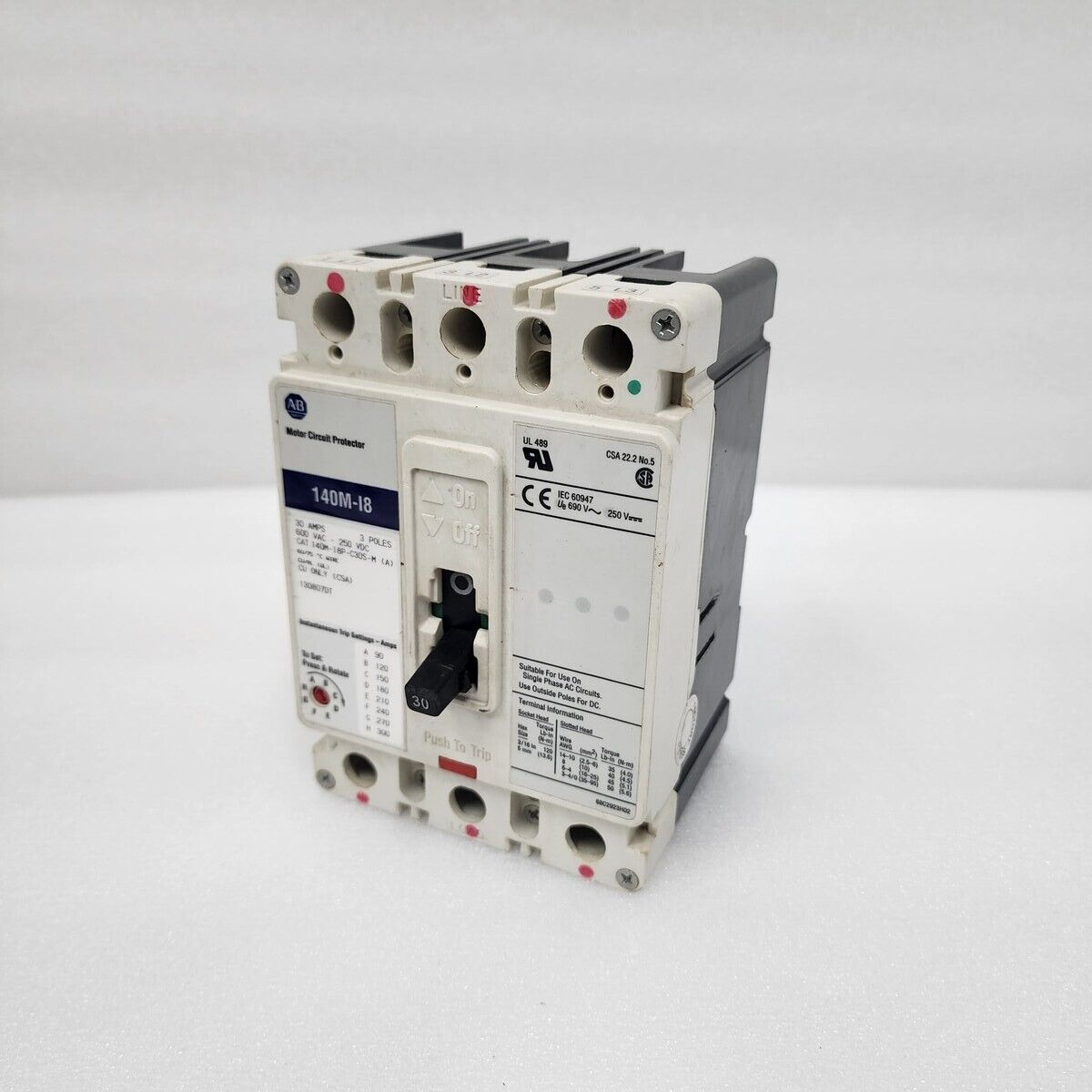 ALLEN BRADLEY 140M-I8P-C30S-M 3-POLE CIRCUIT BREAKER 30A 140M-I8