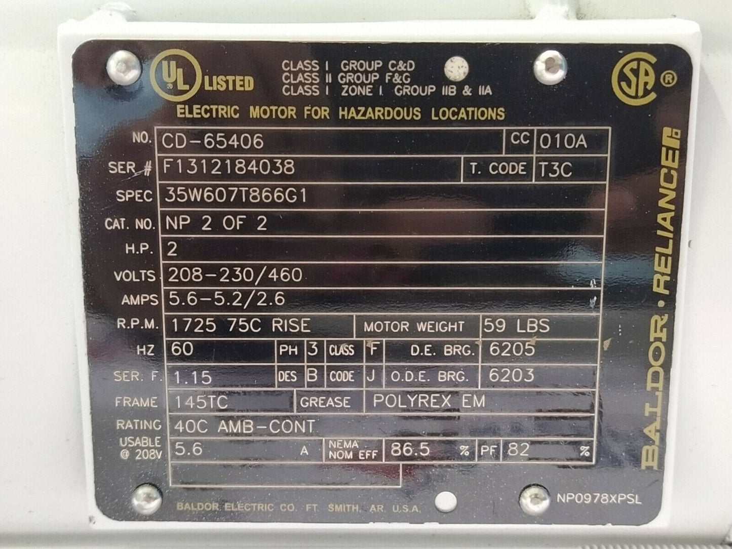 BALDOR CD-65406 ELECTRIC MOTOR 35W607T866G1 98139 2HP 460V