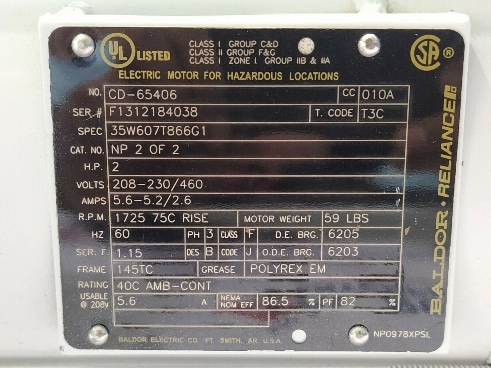 BALDOR CD-65406 ELECTRIC MOTOR 35W607T866G1 98139 2HP 460V