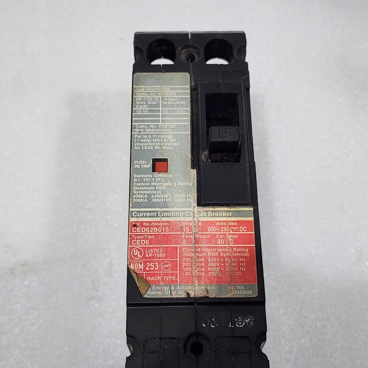 SIEMENS CED62B015 CED 2-POLE 15A CIRCUIT BREAKER 600VAC 250VDC