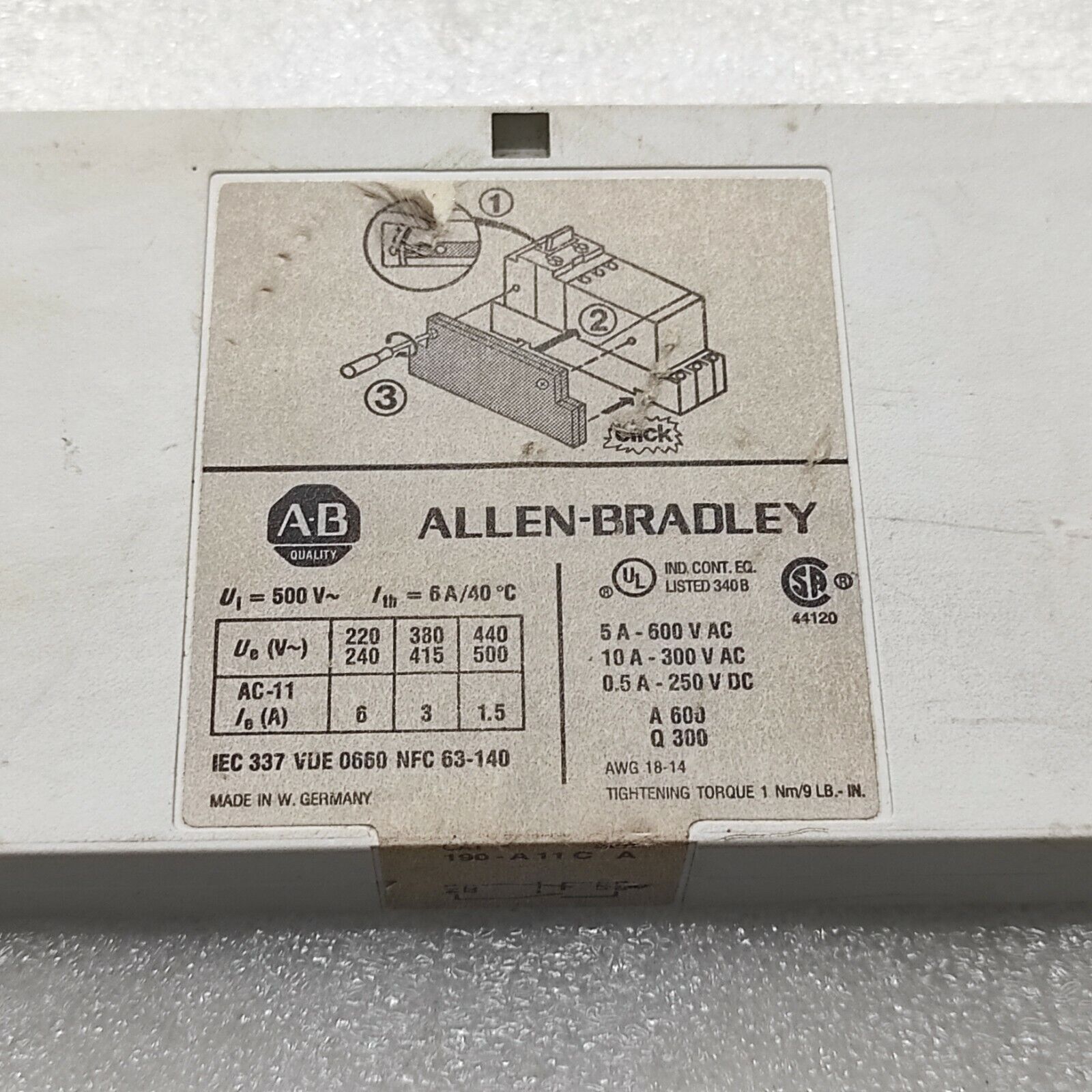 ALLEN BRADLEY 190-A11C AUXILIARY CONTACT