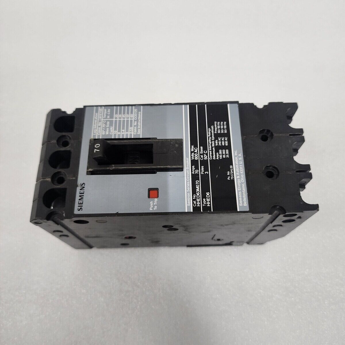 Siemens HHED63M070 3-POLE Schutzschalter 70A 600V HHED6