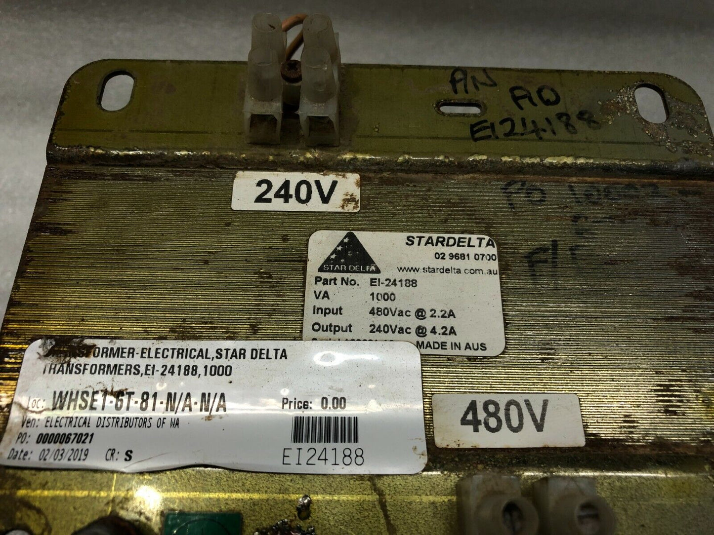 STAR DELTA EI-24188 1000VA TRANSFORMER 480V TO 240V
