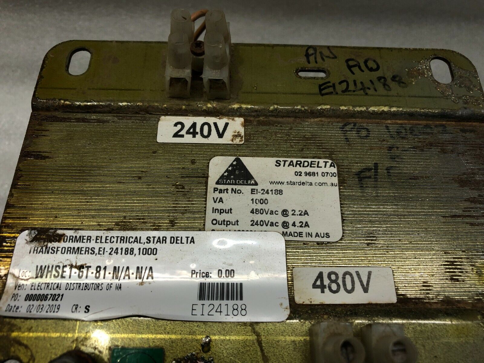 STAR DELTA EI-24188 1000VA TRANSFORMER 480V TO 240V