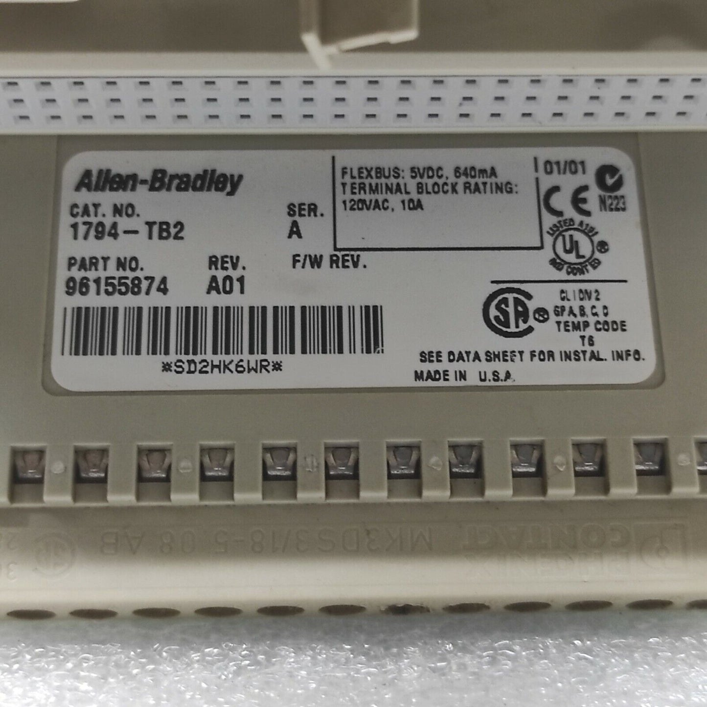 ALLEN BRADLEY CAT 1794-OB16 SERIES A 96221873 1794-TB2 96155874