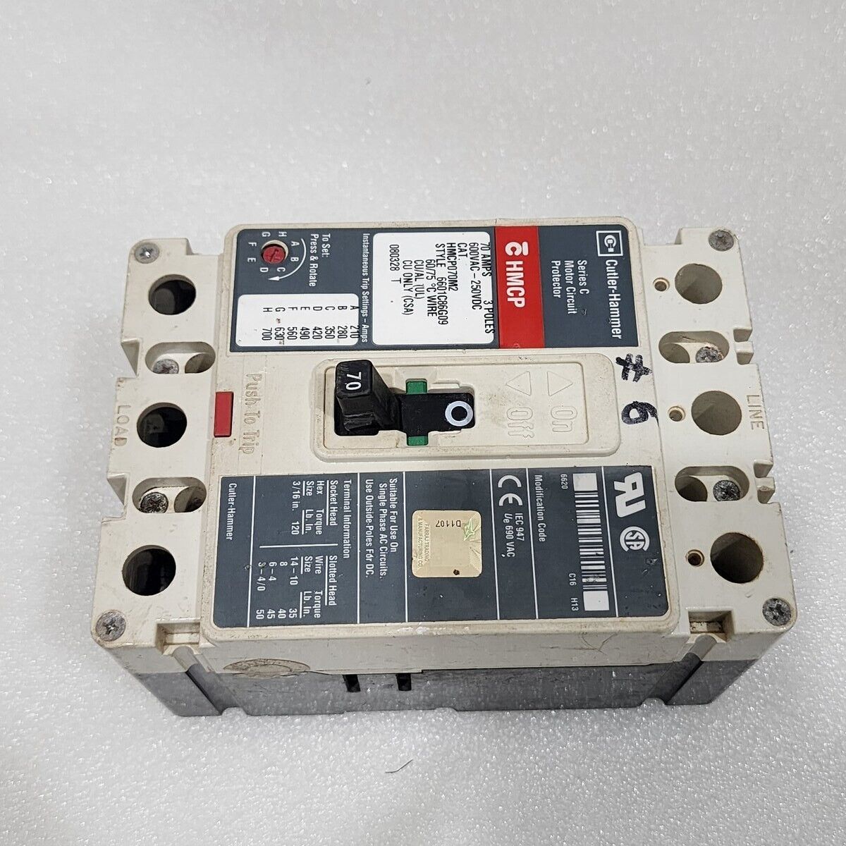 EATON CUTLER HAMMER HMCP070M2 3-POLE CIRCUIT BREAKER 70A
