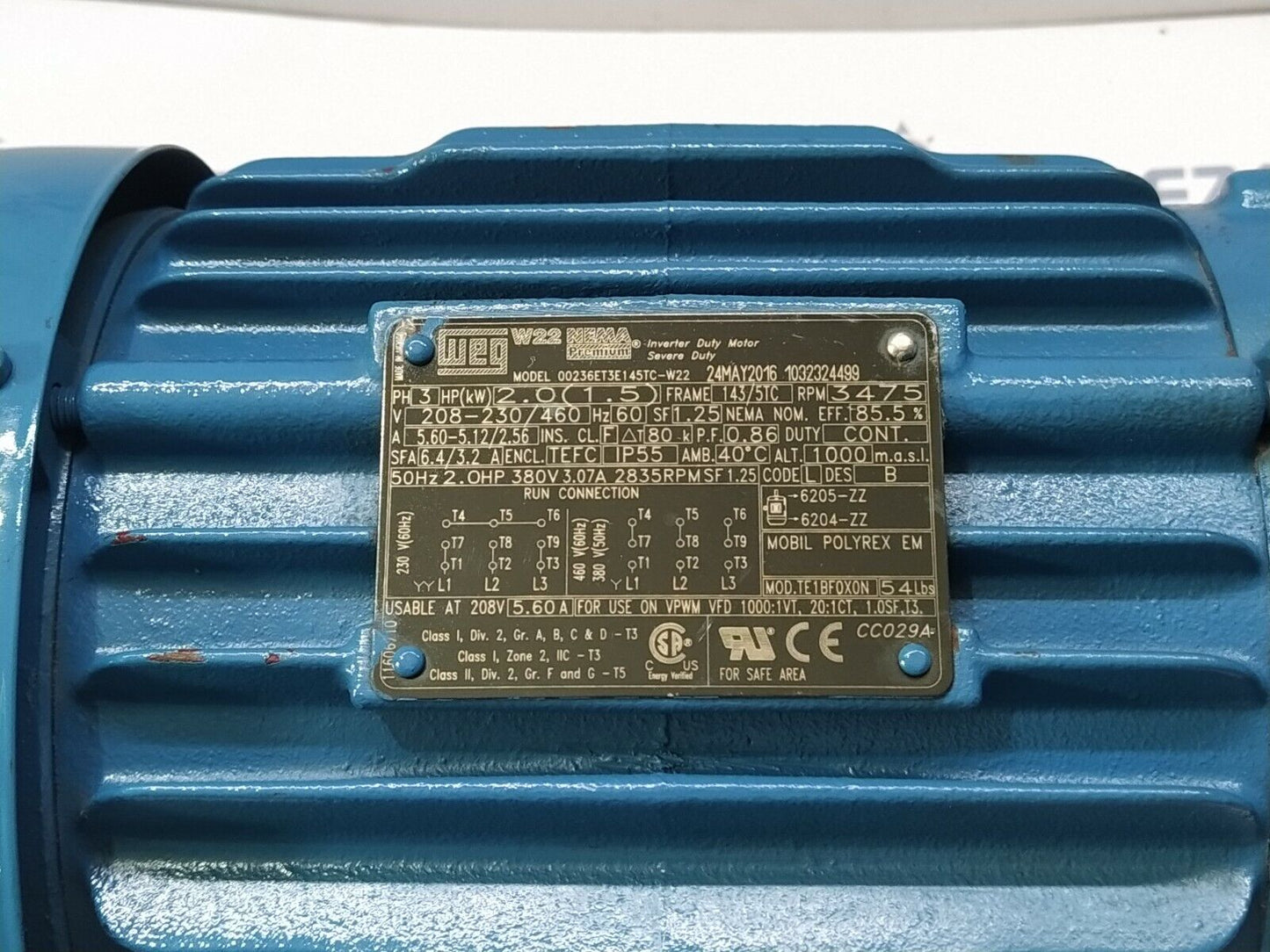 WEG 00236ET3E145TC-W22 INVERTER DUTY MOTOR 3-HP 3475-RPM 208-230/460V