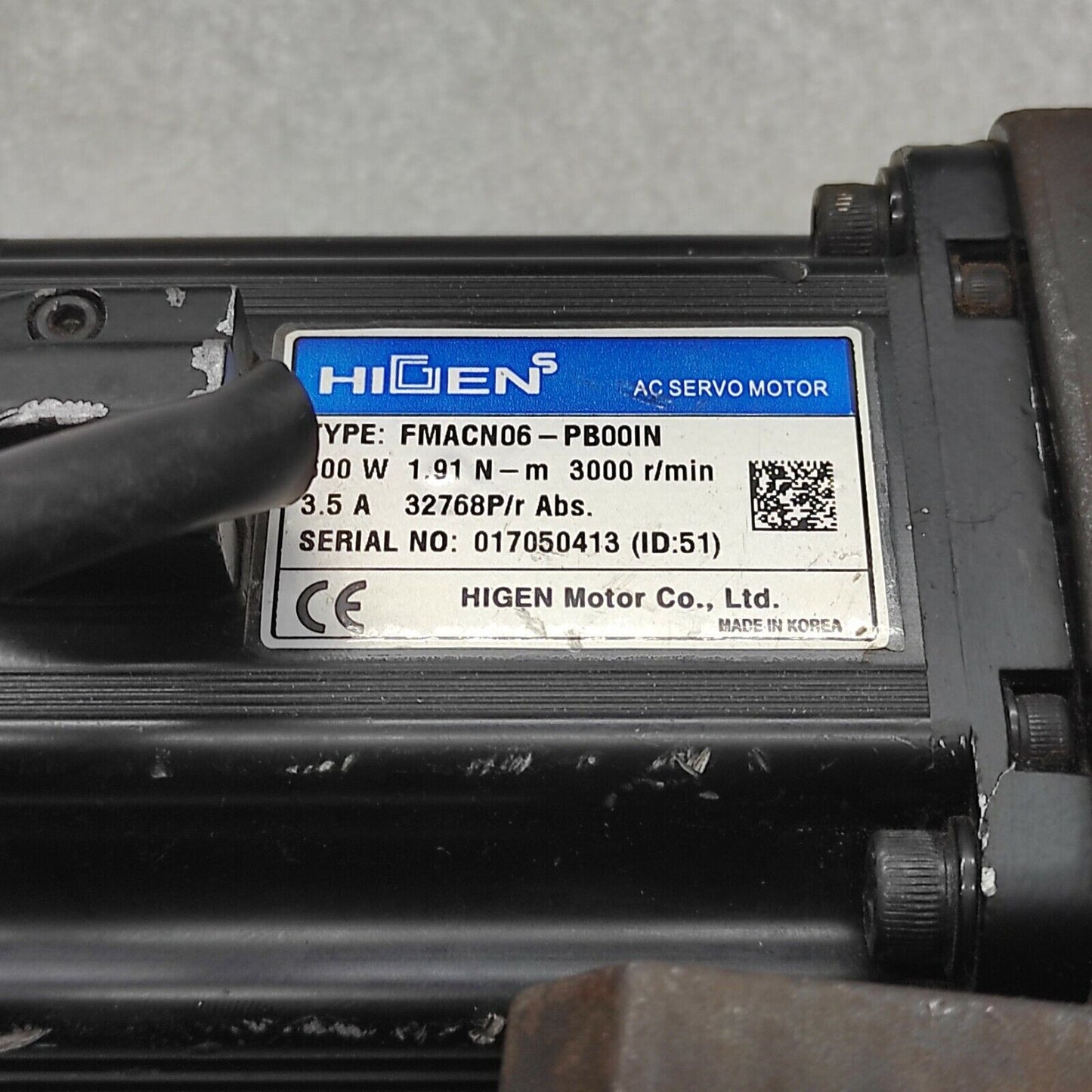 HIGEN FMACN06-PB00IN AC SERVO MOTOR 600W 3.5A 1.91N-m 3000 RPM