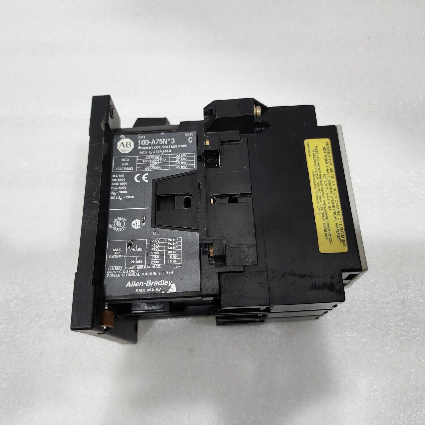 ALLEN BRADLEY 100-A75N-3 MAGNETIC CONTACTOR RELAY SERIES C 75A COIL VOLTAGE