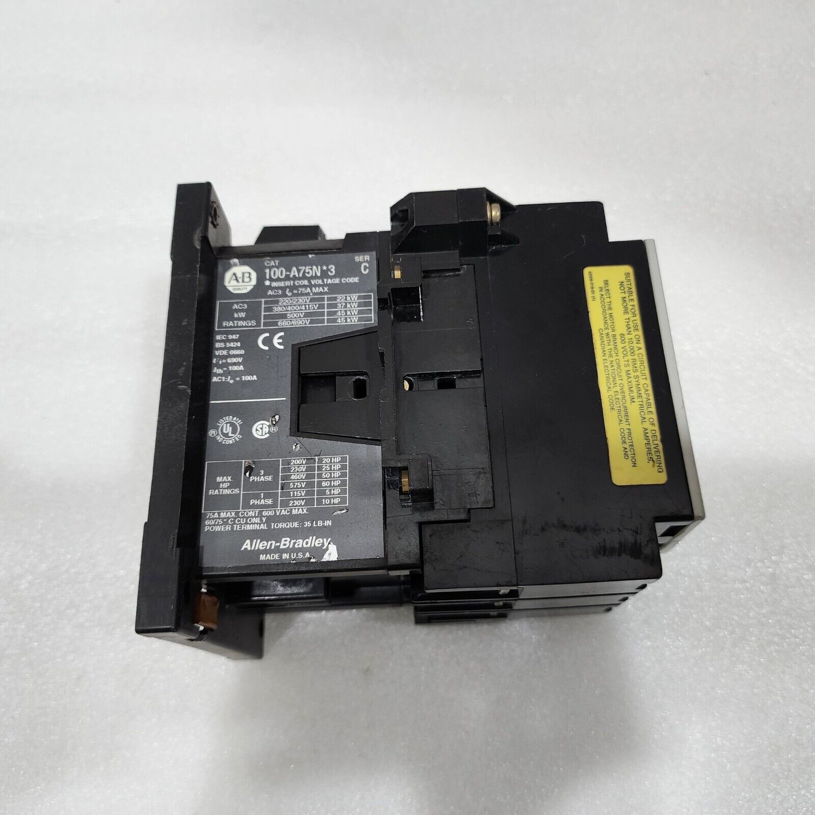 ALLEN BRADLEY 100-A75N-3 MAGNETIC CONTACTOR RELAY SERIES C 75A COIL VOLTAGE