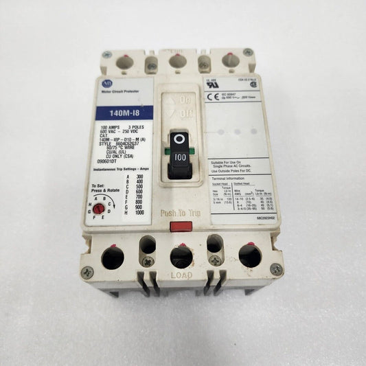 ALLEN BRADLEY 140M-I8P-D10-M 3-POLE CIRCUIT BREAKER 100A 600VAV 250VDC 140M-I8