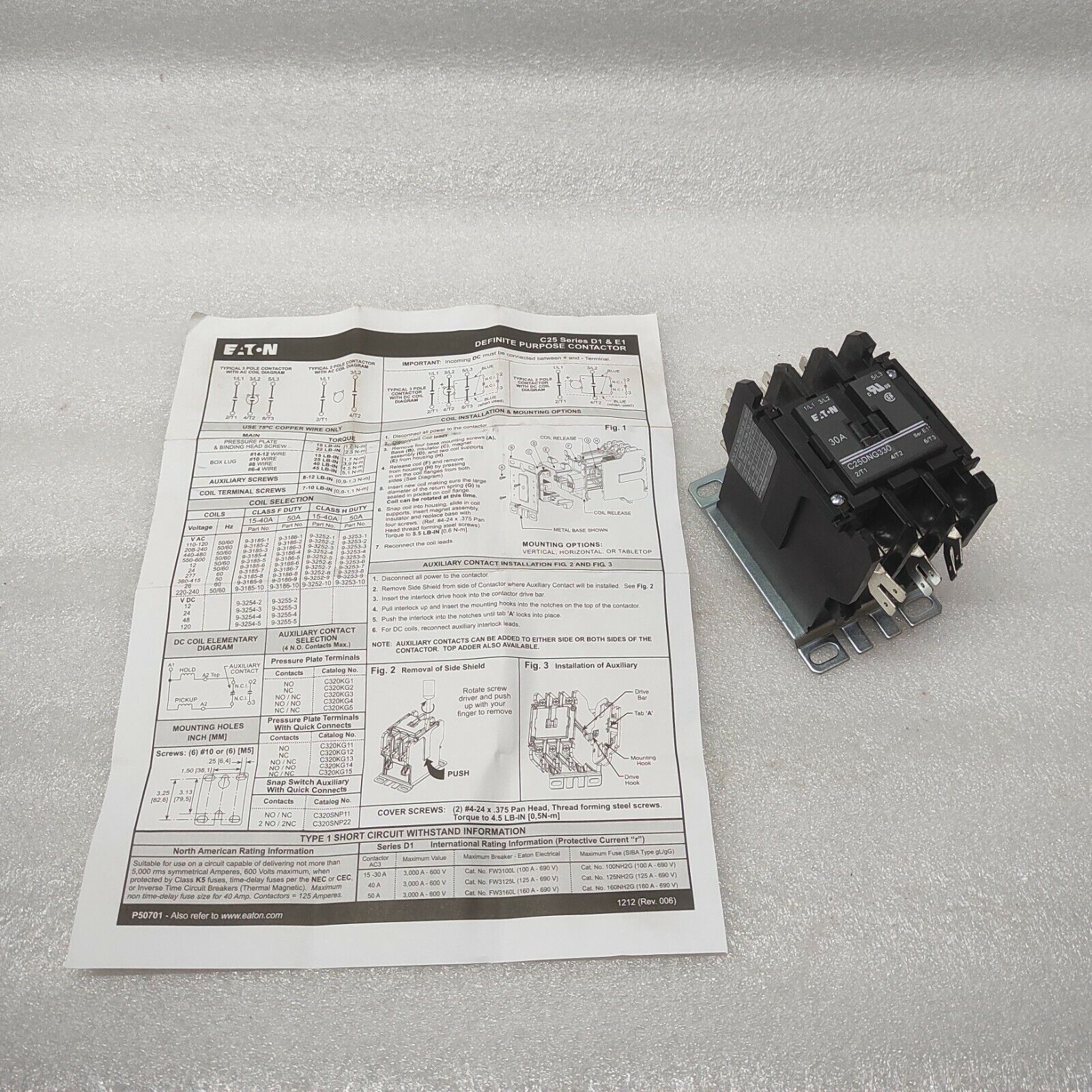 EATON C25DNG330 MAGNETIC CONTACTOR COIL VOLTAGE 24VAC