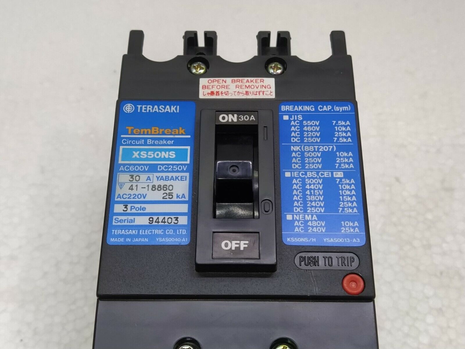 Terasaki TemBreak XS50NS Circuit Breaker 30A AC600V DC250V 3POLE