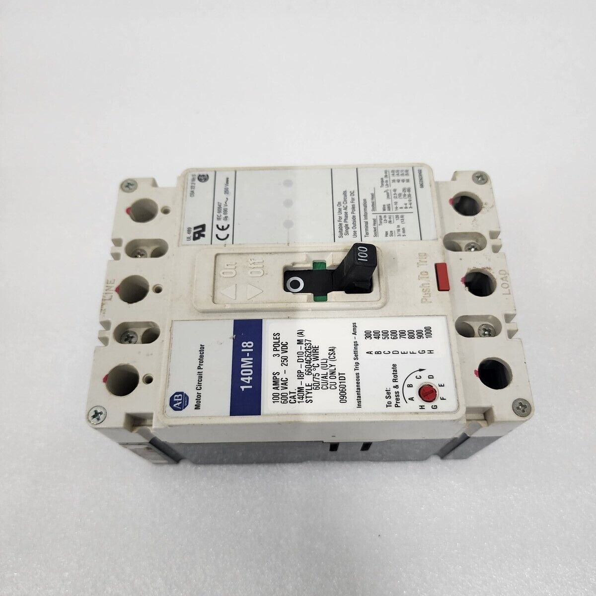 ALLEN BRADLEY 140M-I8P-D10-M 3-POLE CIRCUIT BREAKER 100A 600VAV 250VDC 140M-I8