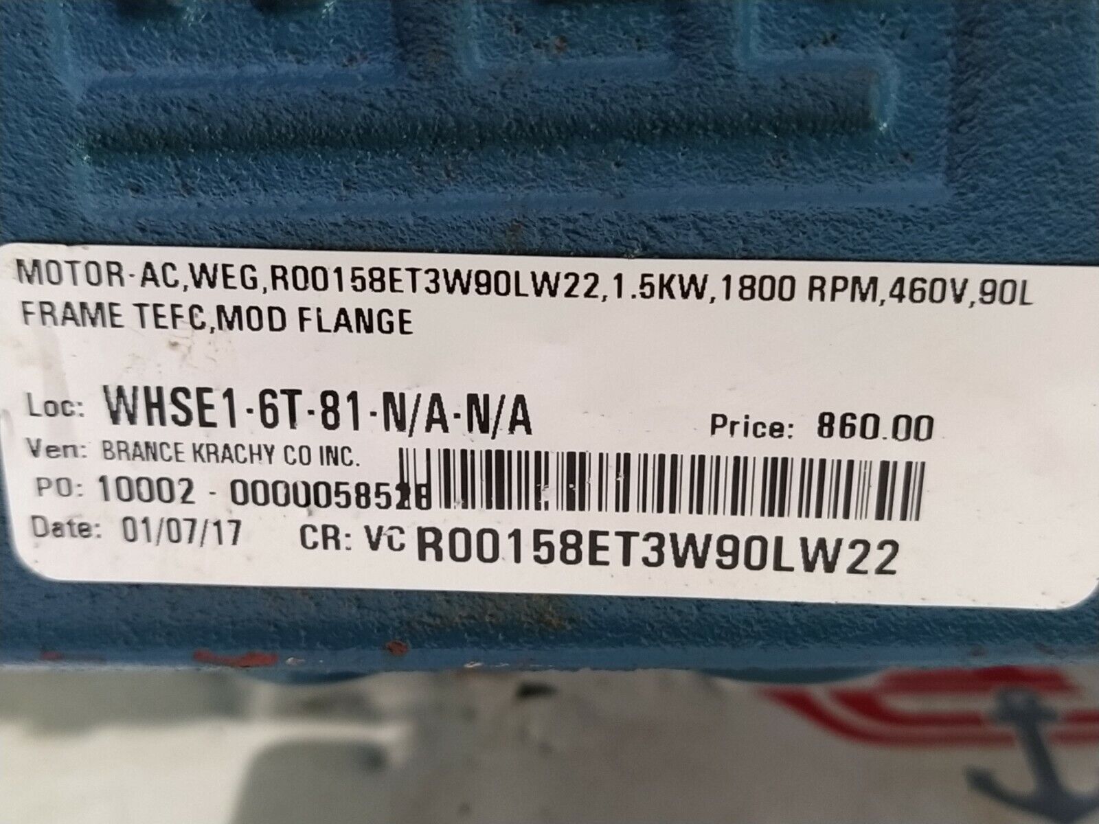 WEG R00158ET3W90L-W22 INVERTER DUTY MOTOR 2-HP 1755-RPM 460V
