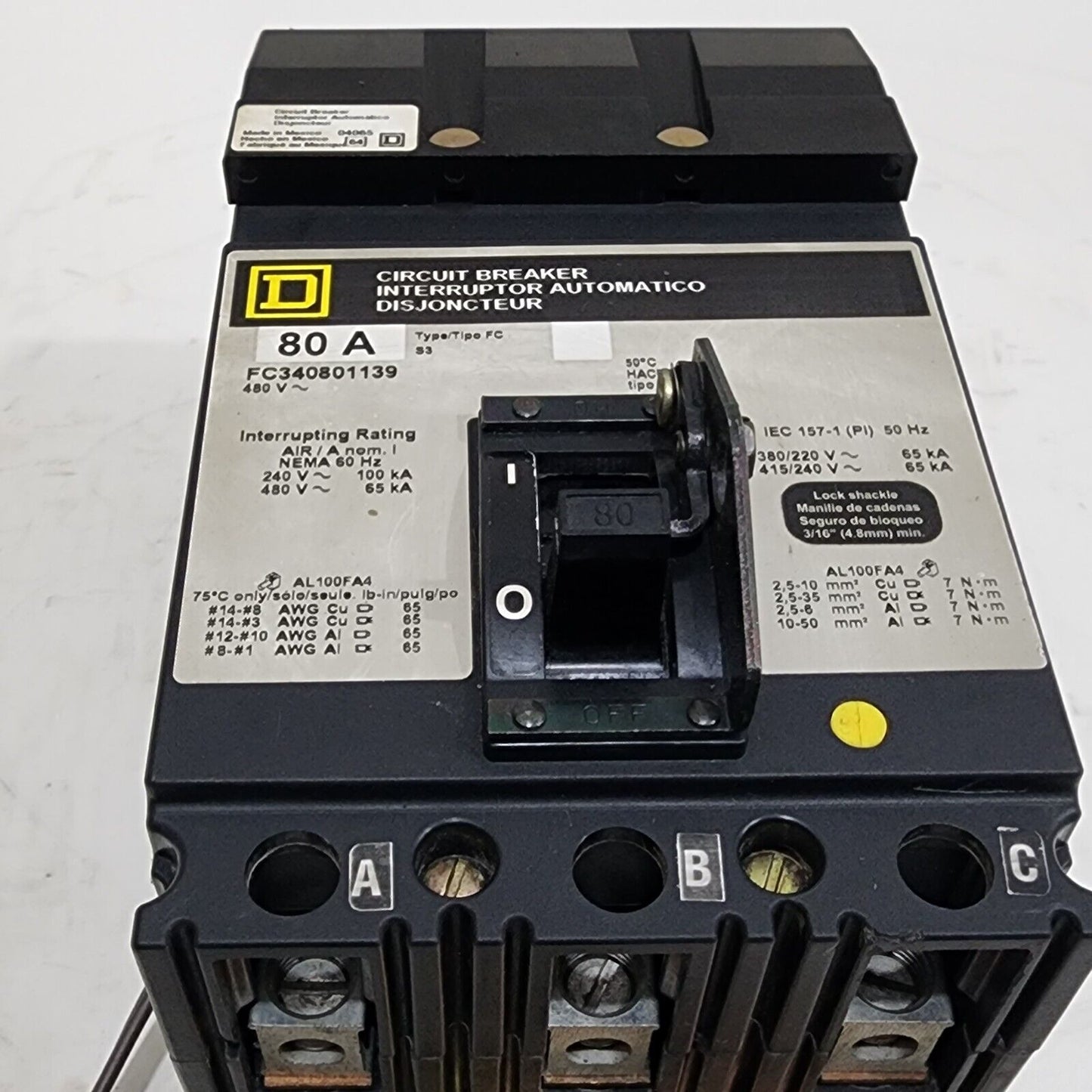 SQUARE D FC340801139 MOLDED CASE CIRCUIT BREAKER 80A 480V