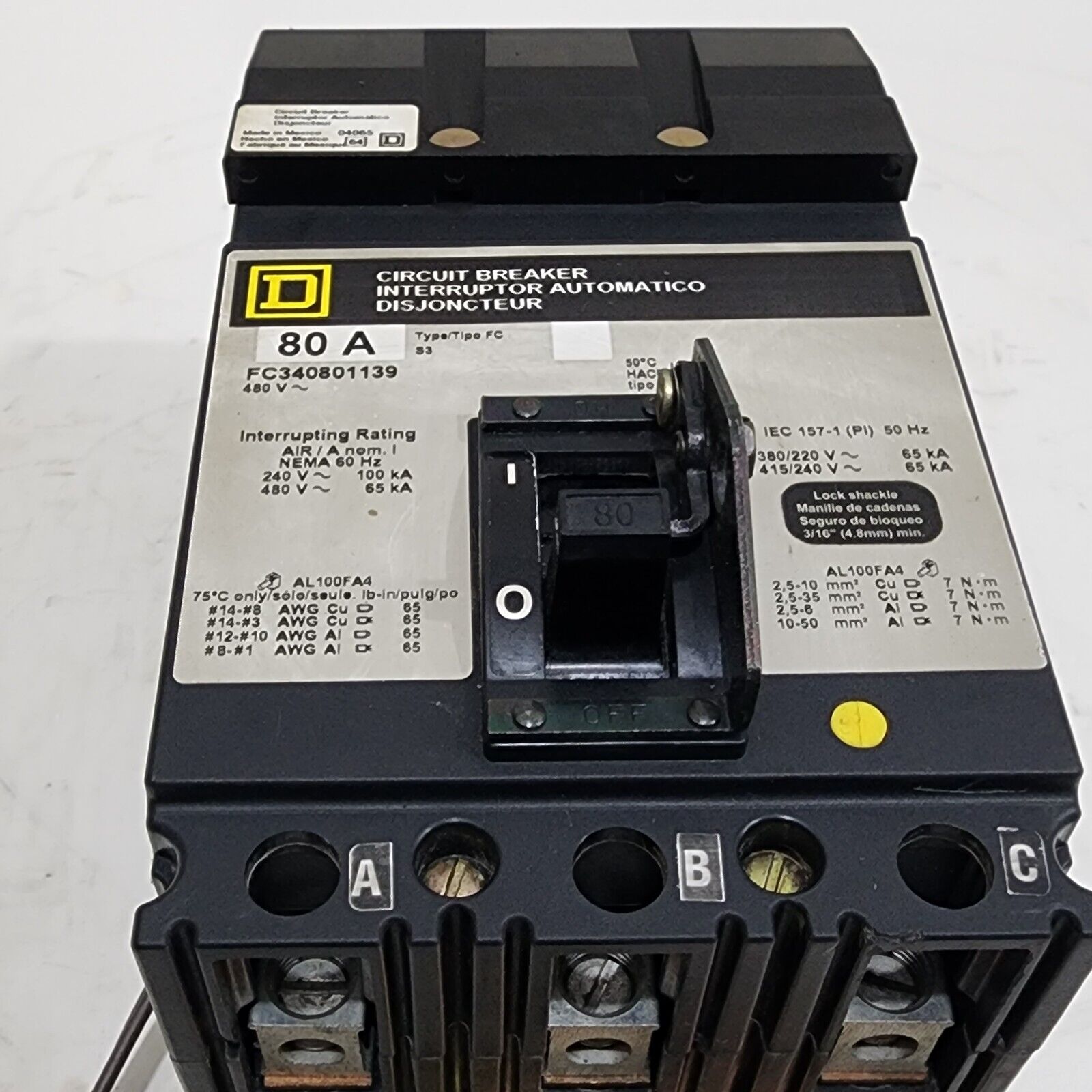 SQUARE D FC340801139 MOLDED CASE CIRCUIT BREAKER 80A 480V
