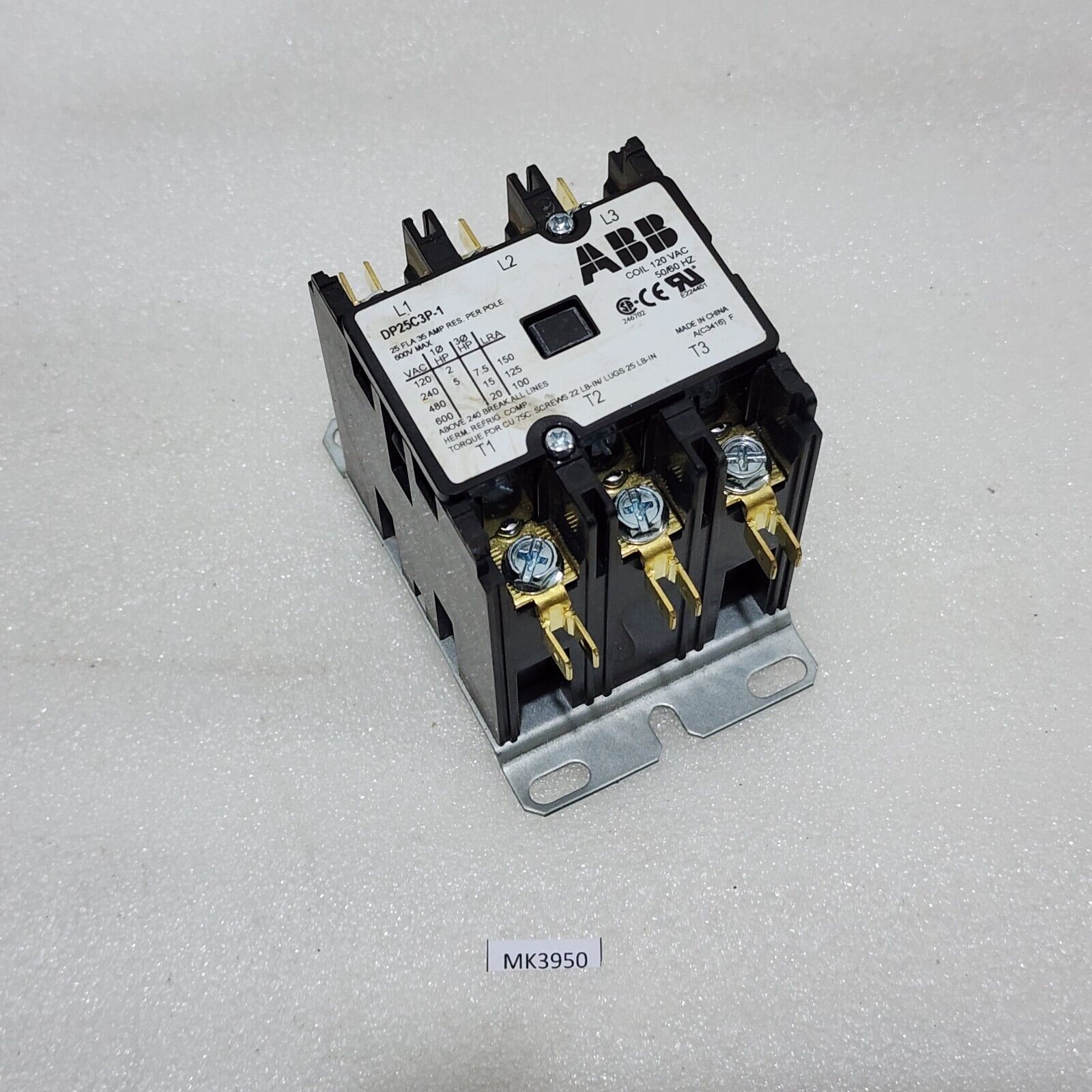 ABB DP25C3P-1 3-POLE MAGNETIC CONTACTOR 35A COIL VOLTAGE 120VAC