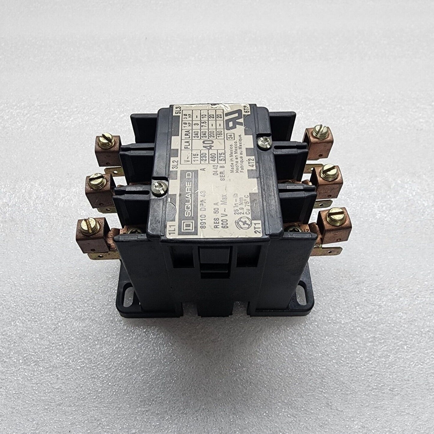 SQUARE D 8910DPA43 3-POLE DEFINITE PURPOSE CONTACTOR 40A