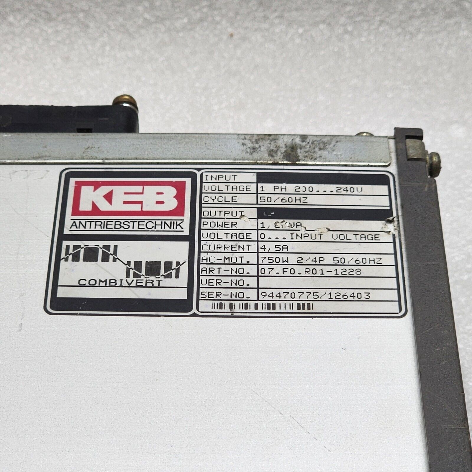 KEB 07.F0.R01-1228 FREQUENCY INVERTER 0.75KW   KARL E BRINKMANN
