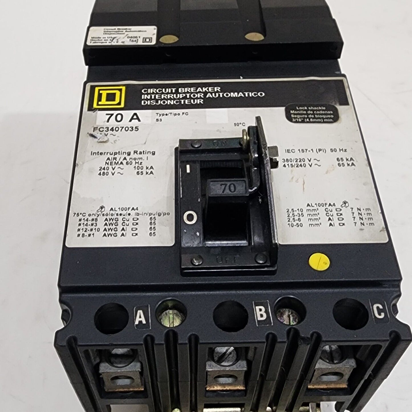 SQUARE D FC3407035 MOLDED CASE CIRCUIT BREAKER 70A 480V