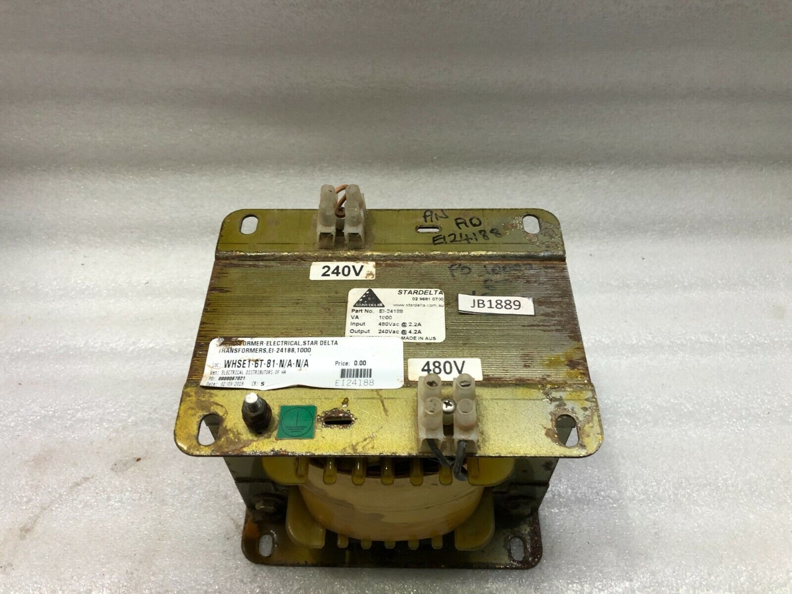 STAR DELTA EI-24188 1000VA TRANSFORMER 480V TO 240V