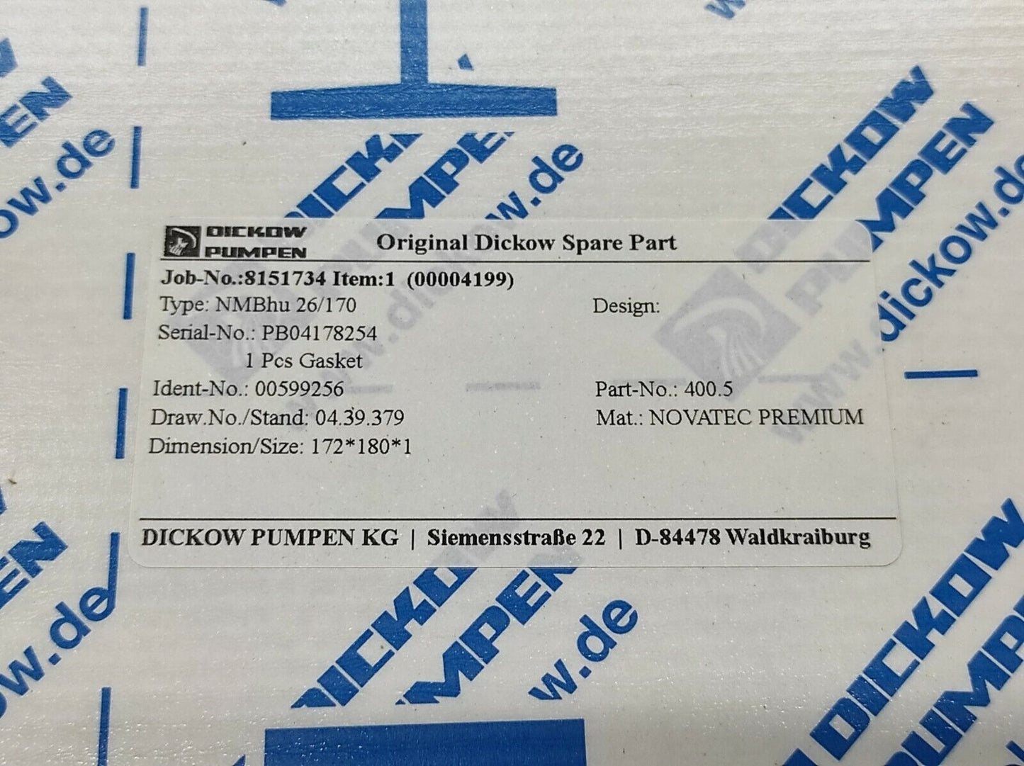 Dickow Pumpen NMBHU 26/170 Gasket 00599256 400.5