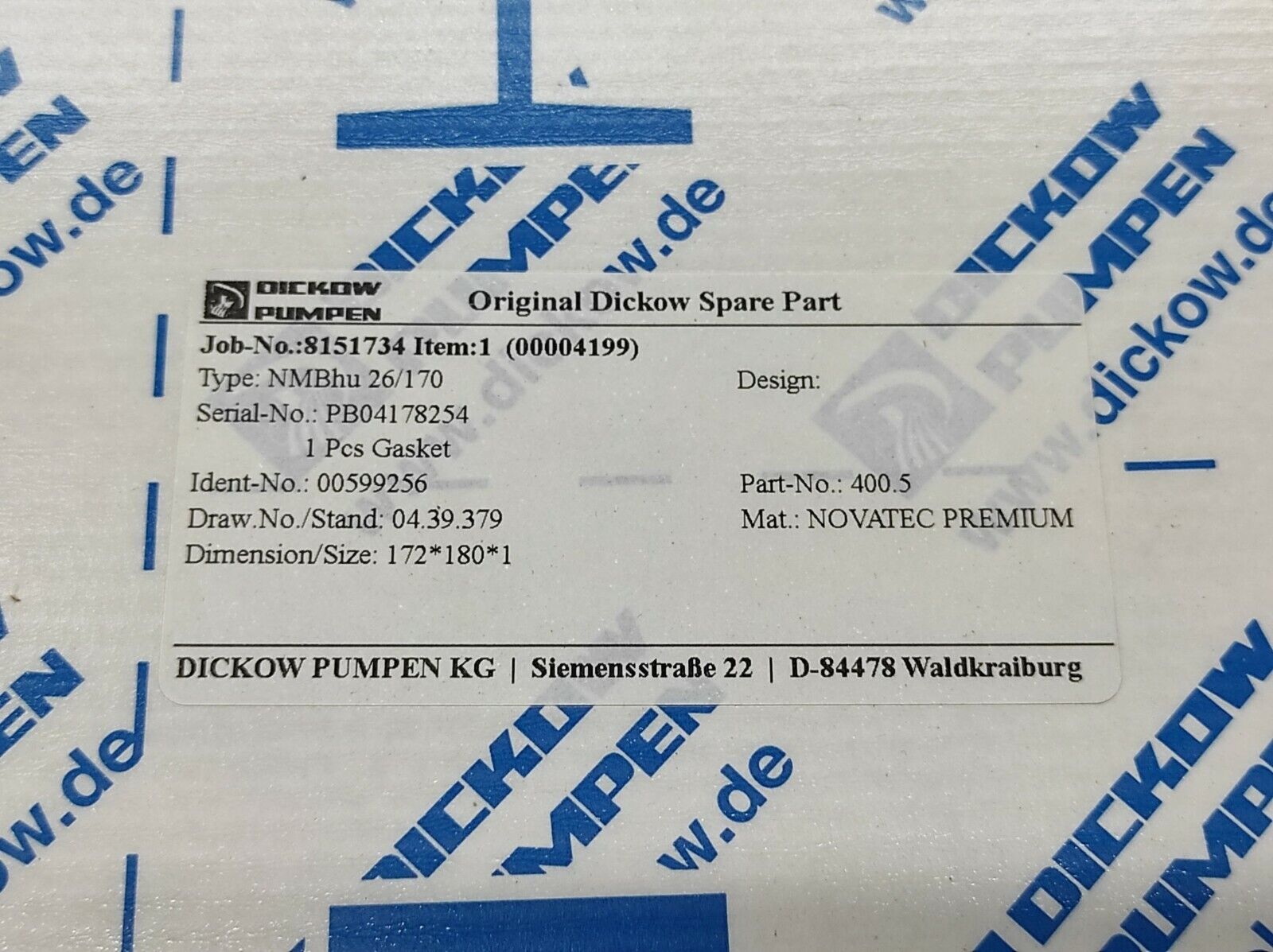 Dickow Pumpen NMBHU 26/170 Gasket 00599256 400.5
