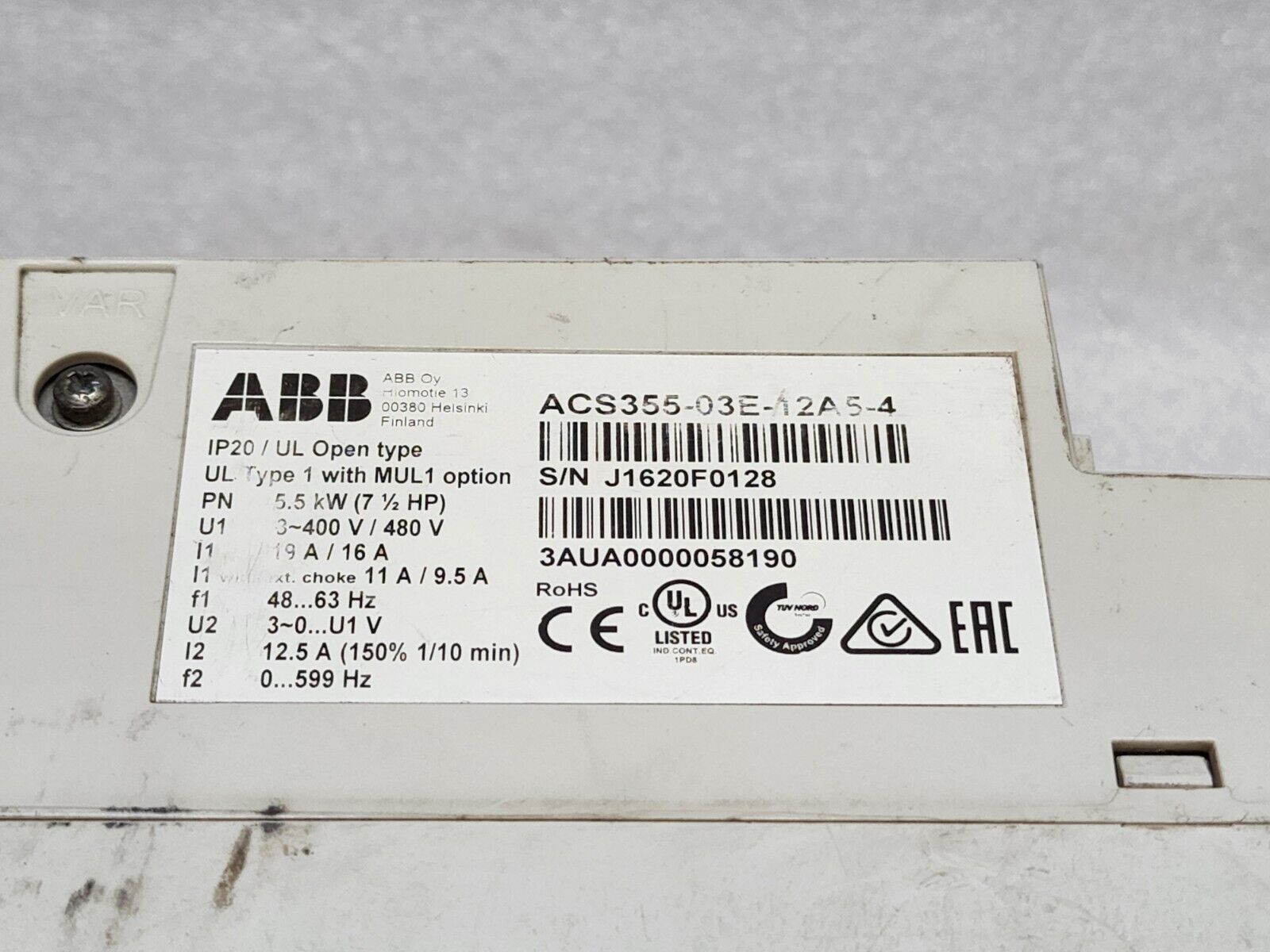 ABB ACS355-03E-12A5-4 AC DRIVE 3AUA0000058190 5.5kW 7.5HP