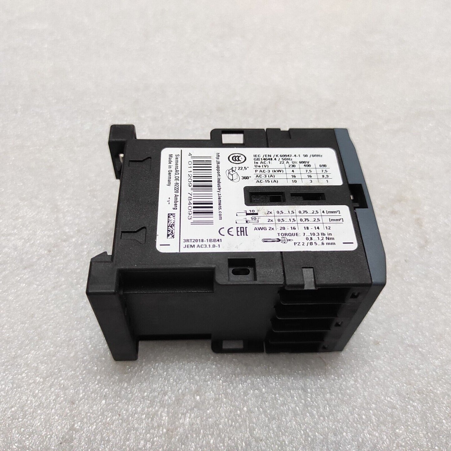 SIEMENS 3RT2018-1BB41 3-POLE 16A POWER CONTACTOR 24VDC