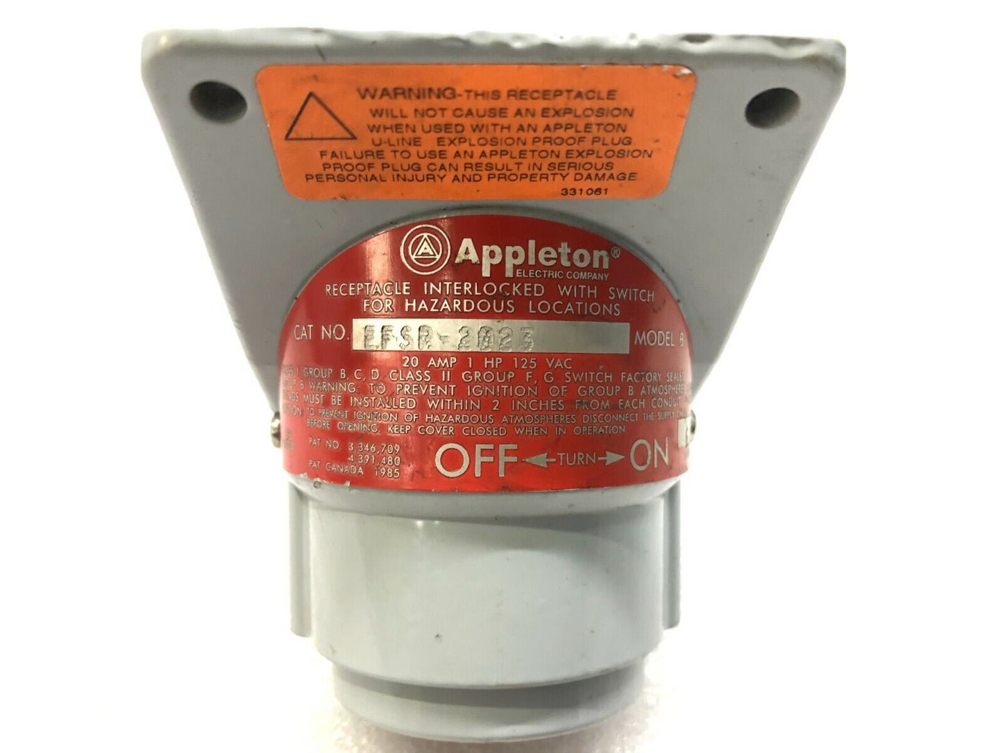 APPLETON EFSR-2023 RECEPTACLE COVER ASSEMBLY 20AMP 1HP 125VAC 