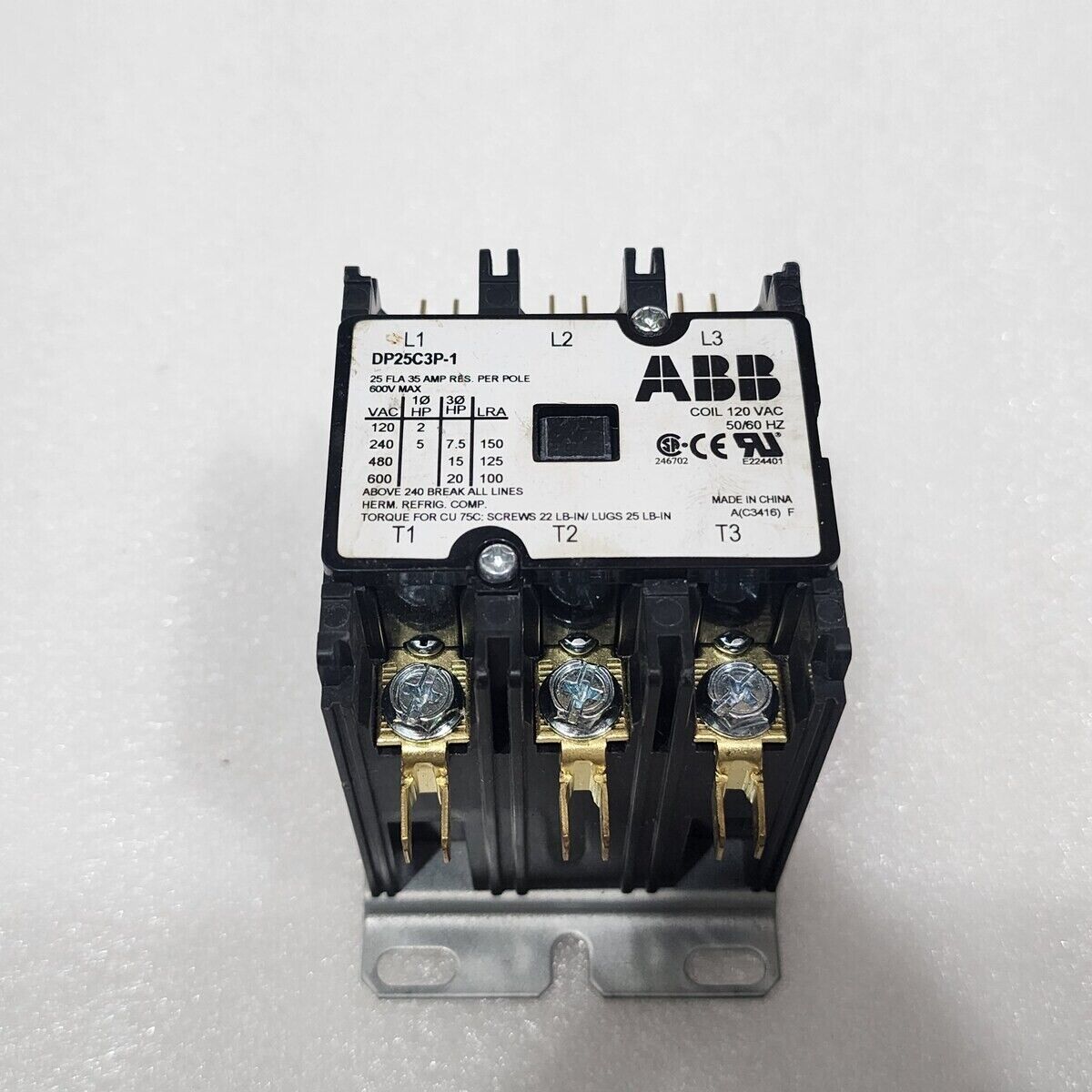 ABB DP25C3P-1 3-POLE DEFINITE PURPOSE CONTACTOR  COIL VOLTAGE 120V