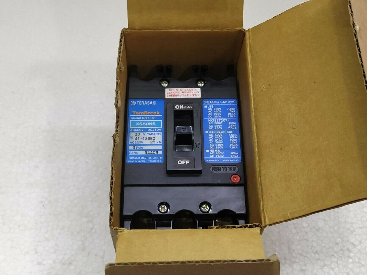 Terasaki TemBreak XS50NS Circuit Breaker 30A AC600V DC250V 3POLE